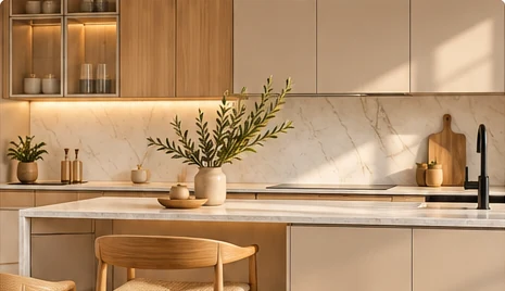 Illustration d’ambiance : cuisine aux tons beige et bois clair