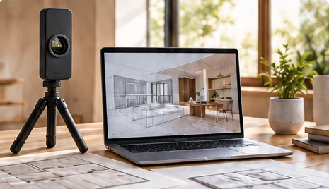 Illustration : scanner 3D sur trépied et ordinateur affichant la modélisation d’un intérieur